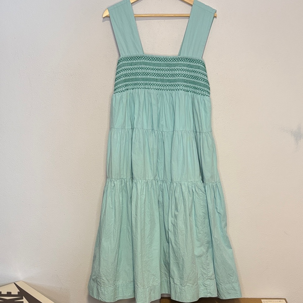 Anthropologie Helena Square-Neck Smocked Light Aqua Blue Midi Dress Medium - Picture 2 of 11